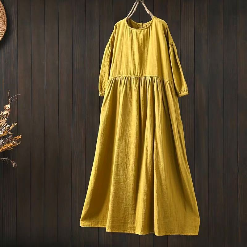 Johnature Women Vintage Dresses O-Neck Half Sleeve Soft Solid Color Summer Casual A-Line Female Dress