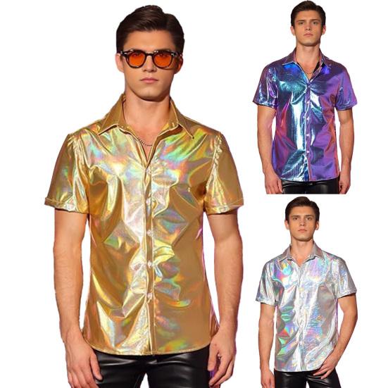 Pánská lesklá metalická košile s krátkým rukávem s klopou, zapínací na knoflíky, třpytivý disco outfit pro pódiové vystoupení, noční klub, taneční párty, bar