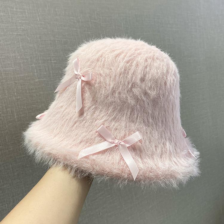 Rabbit Fur Bow Plush Bucket Hat Female Autumn and Winter Big Head Circumference Showing Face Small White Bucket Hat Warm Hat Tide