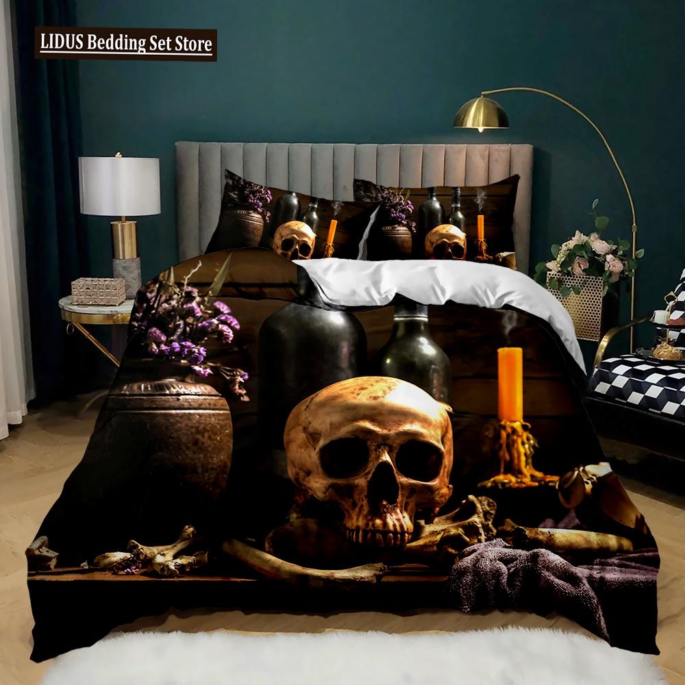 3D Skull Duvet Cover Set, Gothic Skull Bedding Sets,Skull Skeleton Comforter Cover Full Queen Size,Halloween Horror Quilt Cover