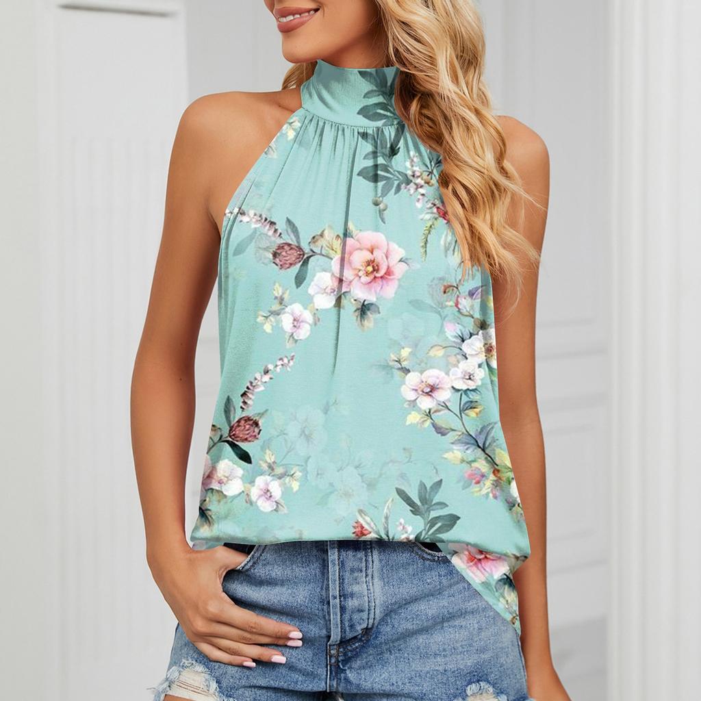 Women's Sexy Round Neck Pleated Vintage Flower Print Sleeveless Strappy Tank T-Shirt Tops