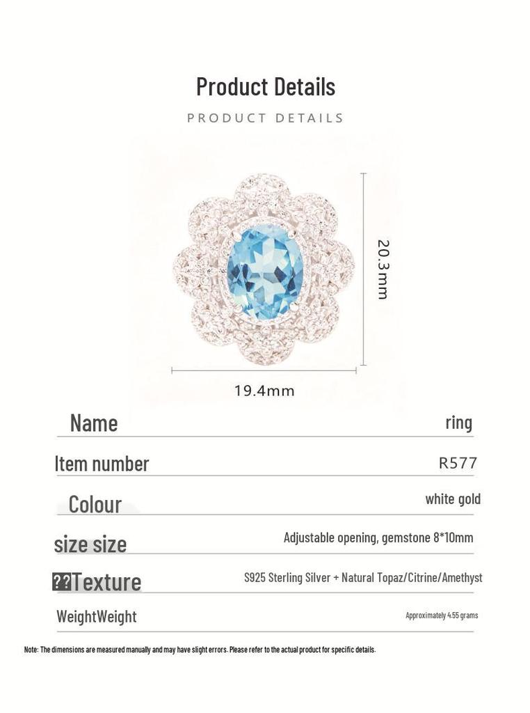 S925 Sterling Silver Lace Flower Ring with Citrine, Amethyst & Topaz for Women