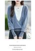 2025 Autumn/Winter Women's 100% Pure Wool Color Block Round Neck Sweater - Versatile Fake Two-Piece Pullover Base Layer
