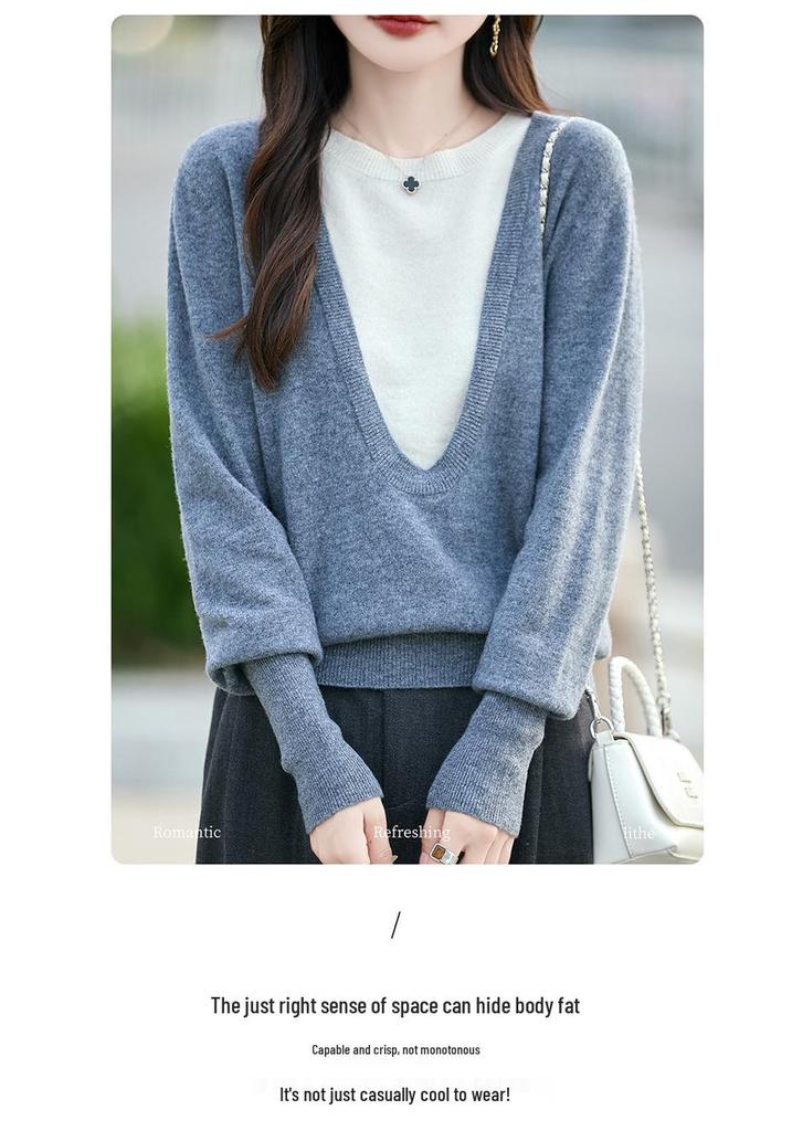 2025 Autumn/Winter Women's 100% Pure Wool Color Block Round Neck Sweater - Versatile Fake Two-Piece Pullover Base Layer