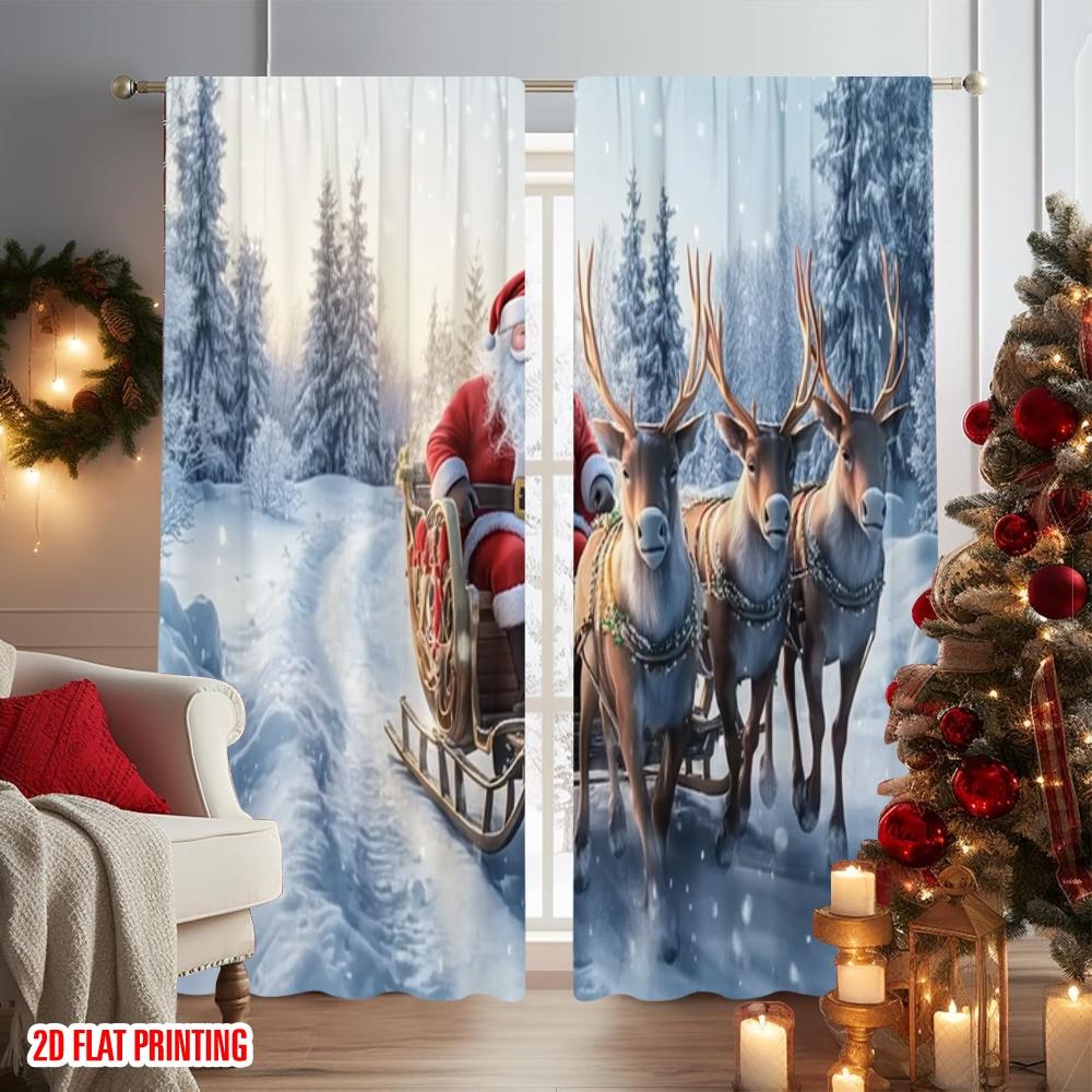2pcs 2D flat printing Christmas Curtains Santa Claus_ sleigh and reindeer Digital Printed Polyester Drapes Festive Curtains for