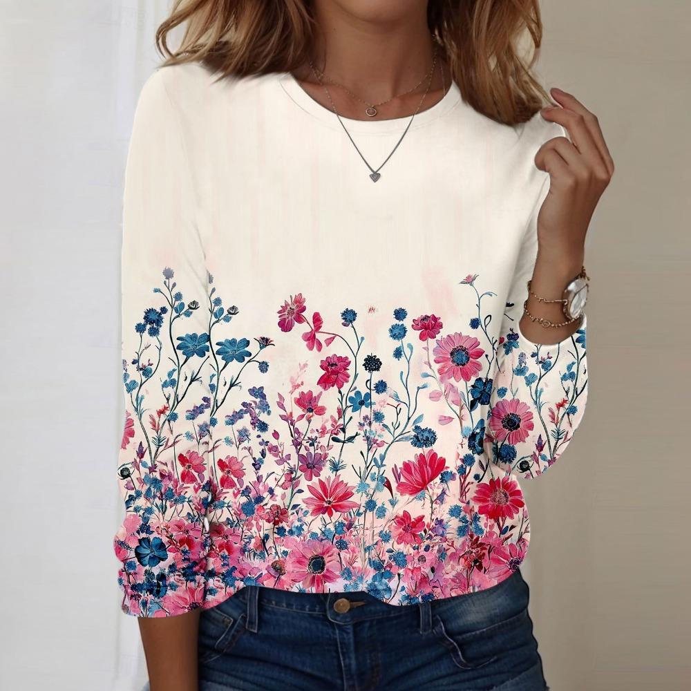 

Женская Модная Повседневная Блузка с Длинным Рукавом и Круглым Вырезом, с Цветочным Графическим Принтом, Базового Дизайна, Свободный и Удобный Пуловер XL