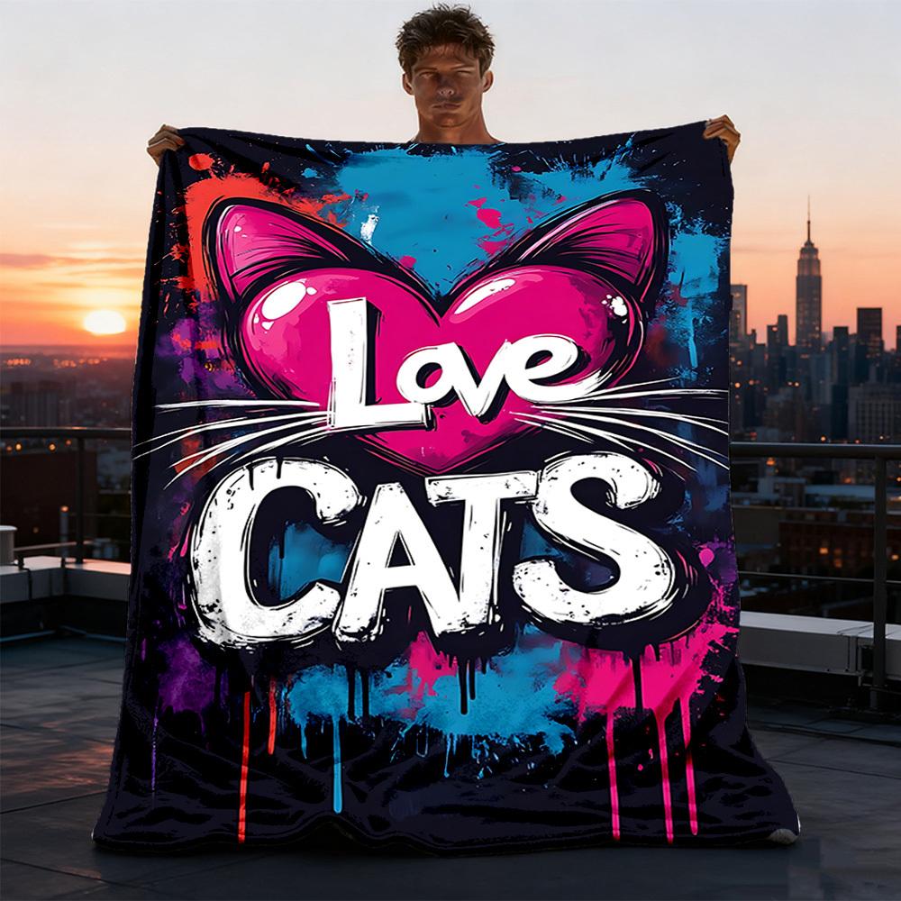 1pc Love Cats Print Outdoor Flannel Blanket Soft All Season Polyester Throw , Perfect for Picnics & Travel , Picnic Accessory