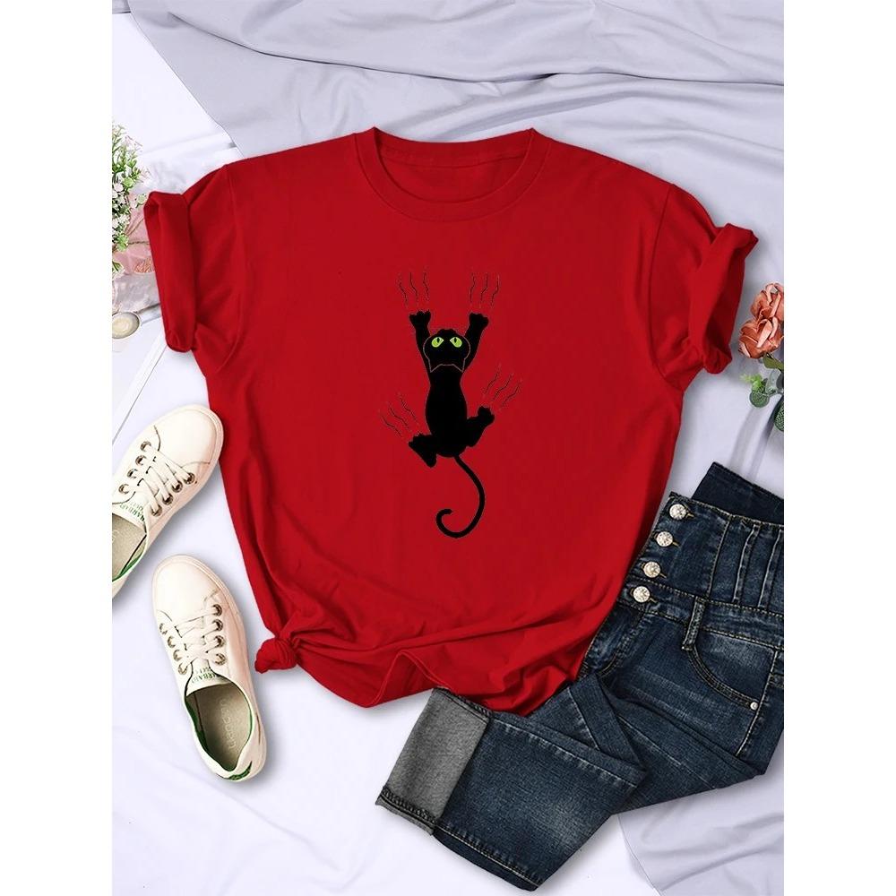 Naughty Black Cat Printed Women Tee Clothing Casual Breathable Short Sleeve Vintage Summer O-Neck Tops T-Shirts