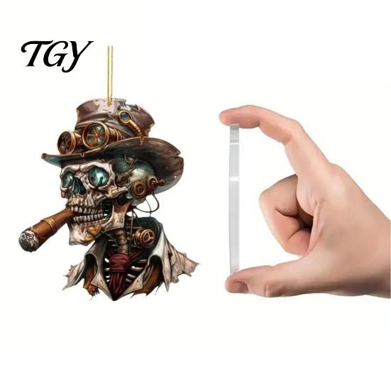 Festive Auto Interior Accessory Halloween Skull Car Hanging Ornament, 2D Flat Acrylic Rearview Skeleton Pendant Mirror Decor, Spooky