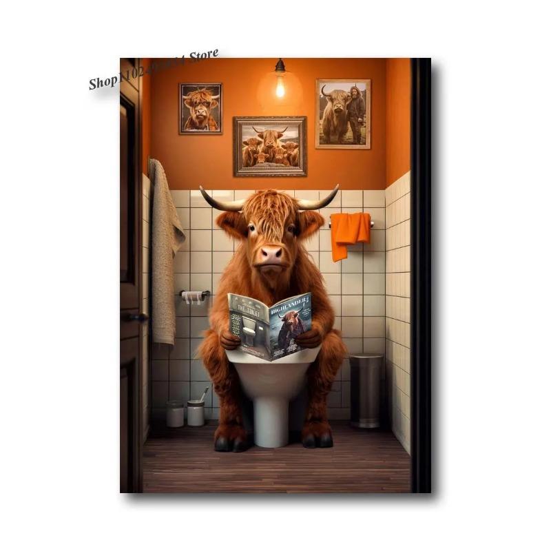 Funny Bathroom Dog Animal Sitting On The Toilet Reading A Newspaper Art Poster Canvas Painting Wall Prints Picture Home Decor