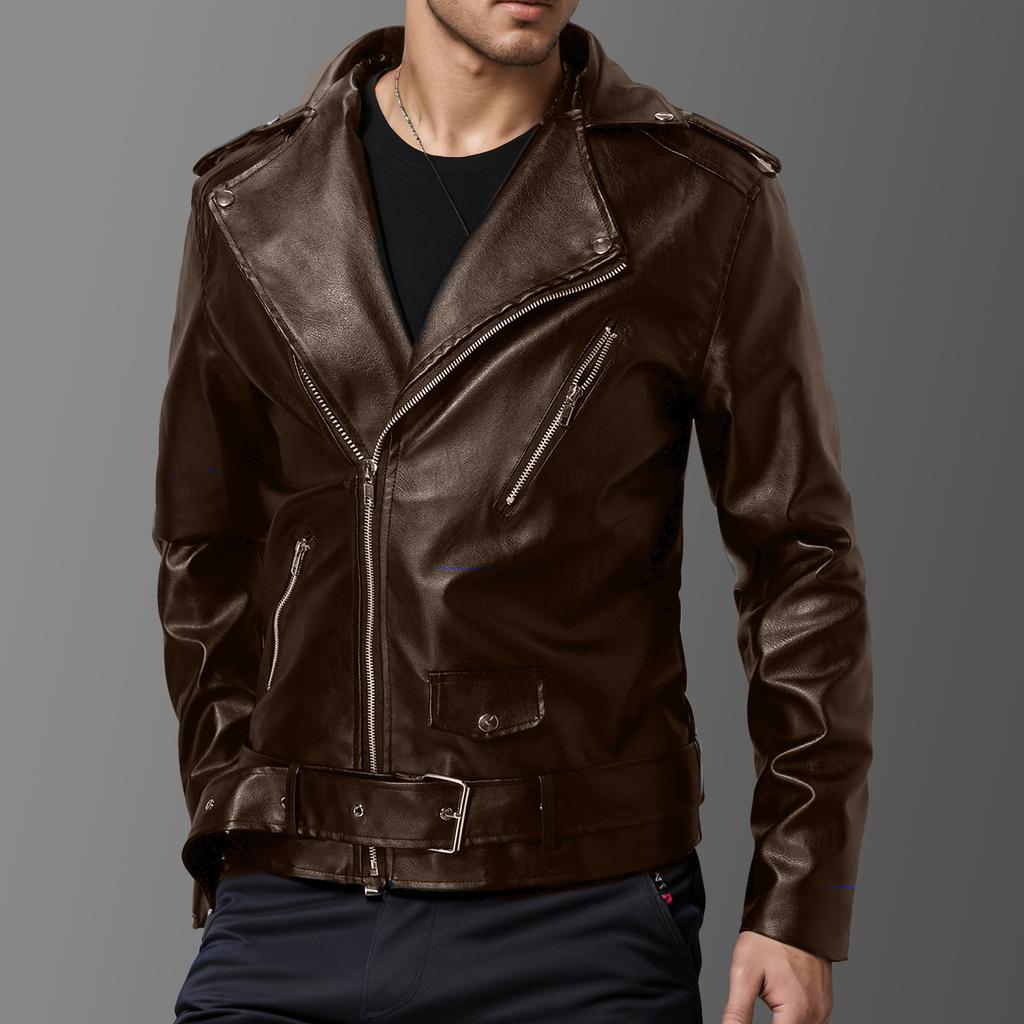 Autumn and winter new men's high-quality slim-fitting lapel diagonal leather jacket British fashion locomotive clothing leather jacket