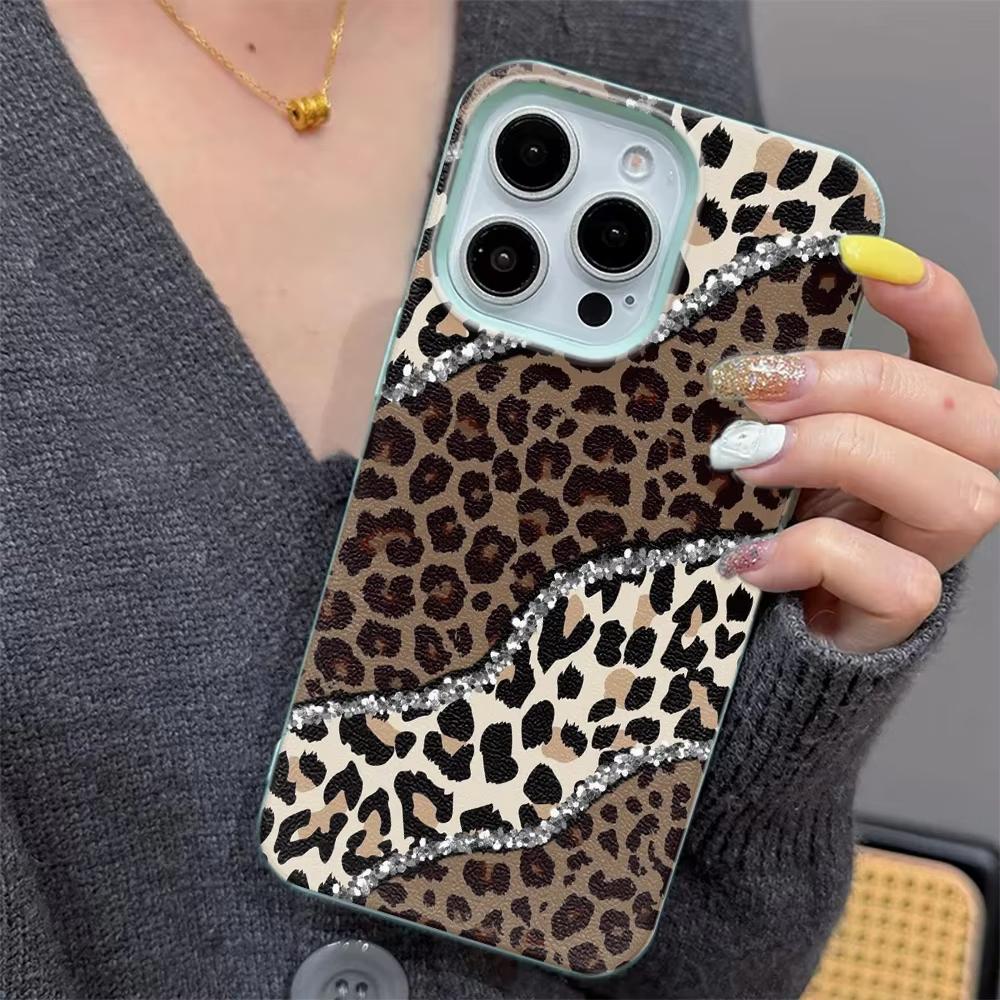 INS Diamond Edged Leopard Print Silicone Phone Case For iPhone 17 17Air 13 16 15 14 12 11 Pro Max Lychee Grain Soft Cover Funda