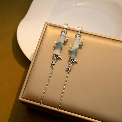 Guochao Retro Bamboo Jade Jane Opal Earrings Tassel Super Fairy Temperament Chain Literary Girl Earrings