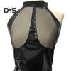 Women Honeymoon Bodysuit Fishnet Faux Leather Patchwork Off Shoulder Bodycon Chain Decor Open Crotch Playsuit Nightclub Hotel Wedding Night Sex