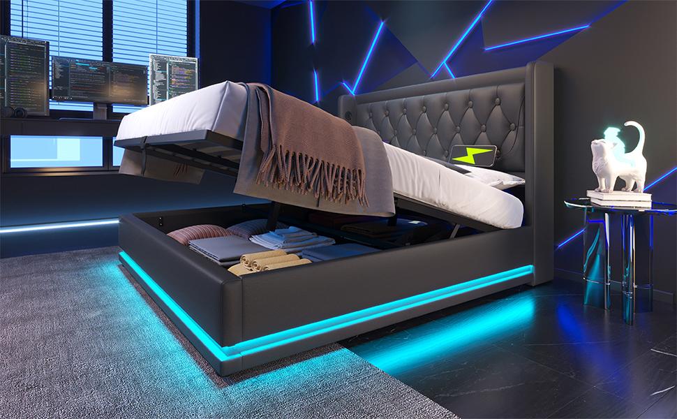 Upholstered double bed 160*200 cm, black PU hydraulic storage bed, headboard with USB Type-C charging, 3-sided LED (mattress not included)