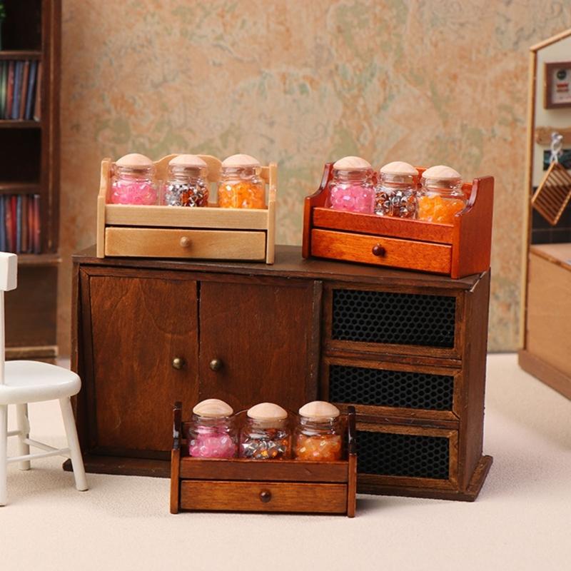 Miniature Kitchen Display Rack For Model Scene Setting with Spice Container Jar Figure for 1/12 Doll House Collector