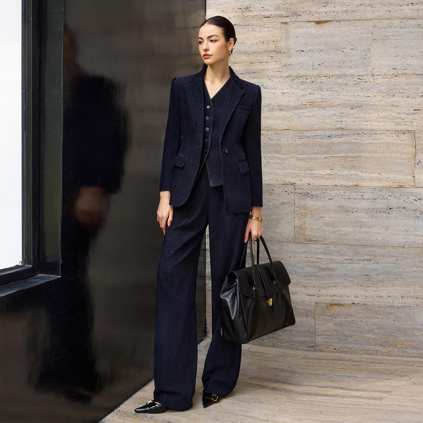 

Women s 2025 New Arrival Deep Blue Denim Texture Long-Sleeved Business Suit Set L