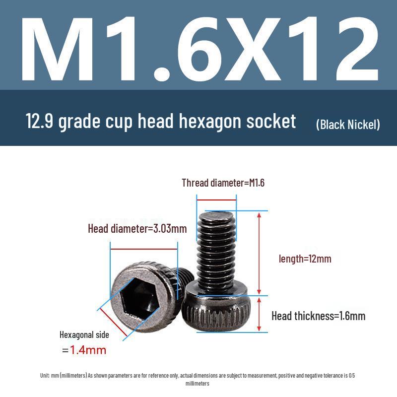 Yigu High-Strength Black Nickel Hex Socket Screw, M1.6-M4, Knurled Cup Head Bolt, 12.9 Grade.