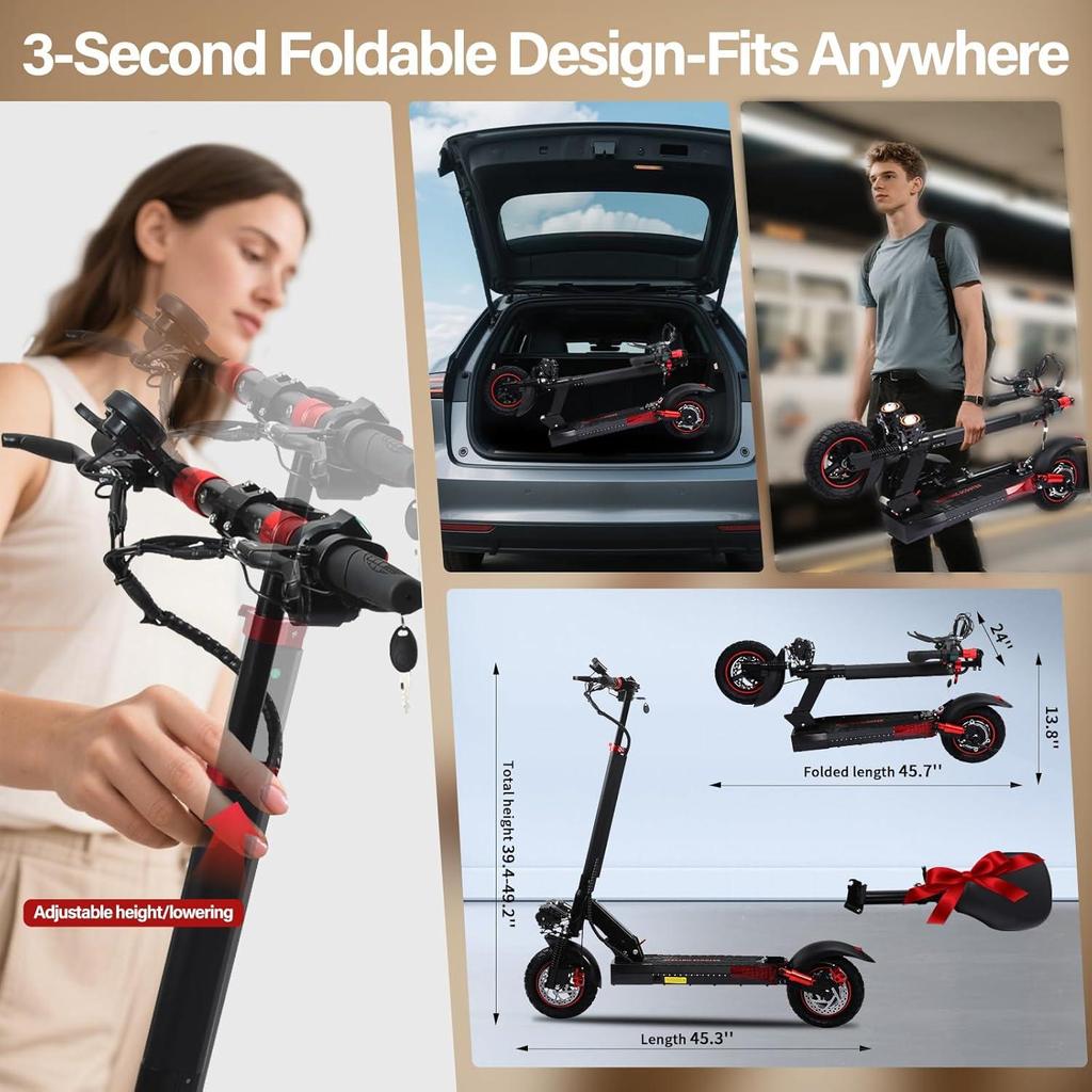 Foldable Adult Electric Scooter with Seat 48V15AH Up to 55KM Range,10" All-Terrain Tire IP54 Dual Disc Brake Cruise Control