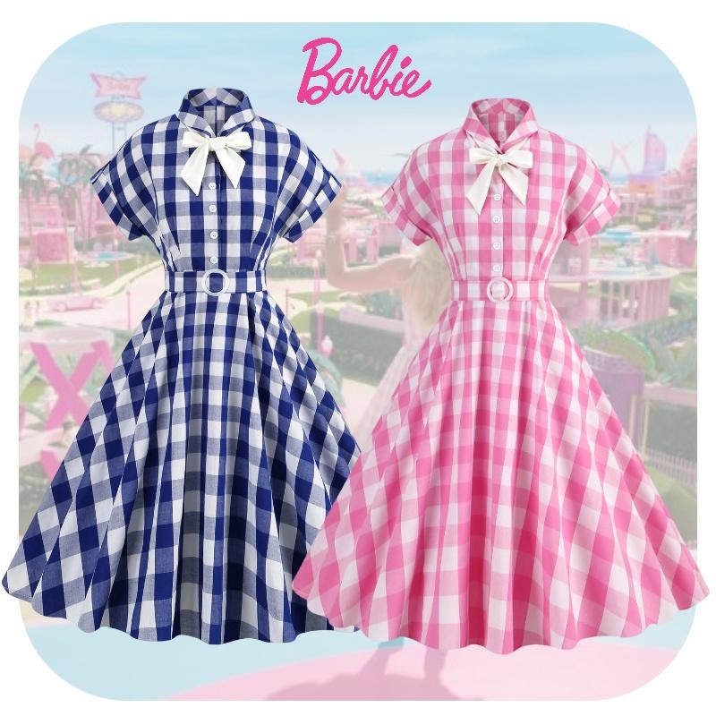 Vintage Barbie Pink Checkered Dress With Butterfly Bow-tie Collar