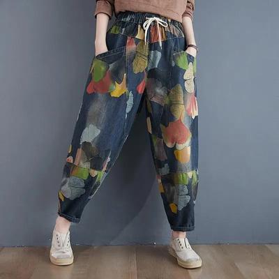 Oversized Harem Baggy Pants Women Jeans Vintage Print Casual Trousers Ankle Length Denim Harajuku Pants