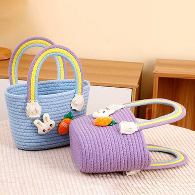 Yousheng Easter Woven Basket with Handle Cotton Woven Bunny Egg Hunt Basket with Rabbit And Carrot Empty Easter Treat Bag for Gifts Candy