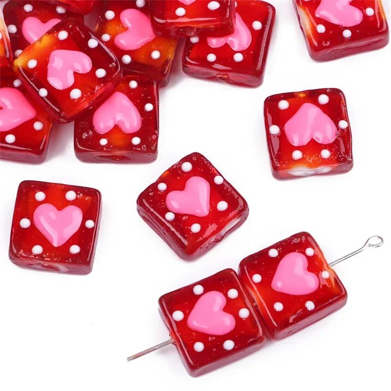 

TX52 2pcs 15mm Cute Cartoon Handmade Straight Hole Square Lampwork Glass Heart Bead DIY Jewelry Bracelet Material Accessories 15mm(2pcs)