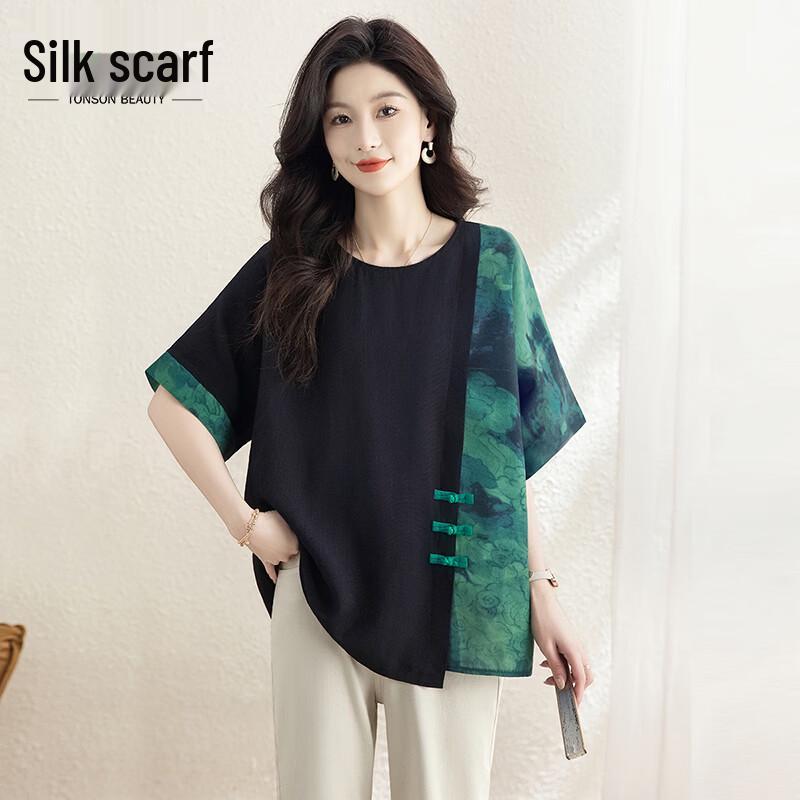 Women s Retro Print Frog-Button Loose Short-Sleeve Shirt L