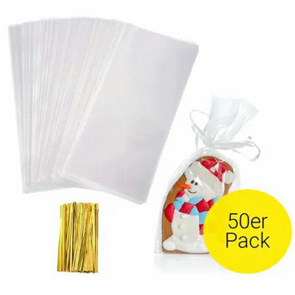 

50Pcs Clear OPP Gift Bags Candy Biscuit Treats Packaging Pouch with Sealing Ribbons (BPA Free, No FDA)