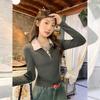 Dark gray fake two-piece POLO collar long-sleeved T-shirt women's autumn new versatile slim-fitting and thin contrasting top