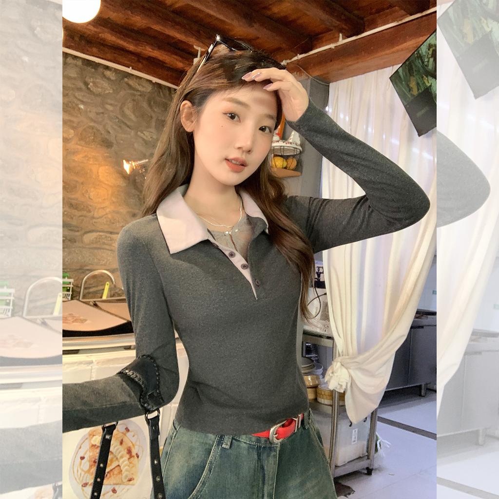 Dark gray fake two-piece POLO collar long-sleeved T-shirt women's autumn new versatile slim-fitting and thin contrasting top