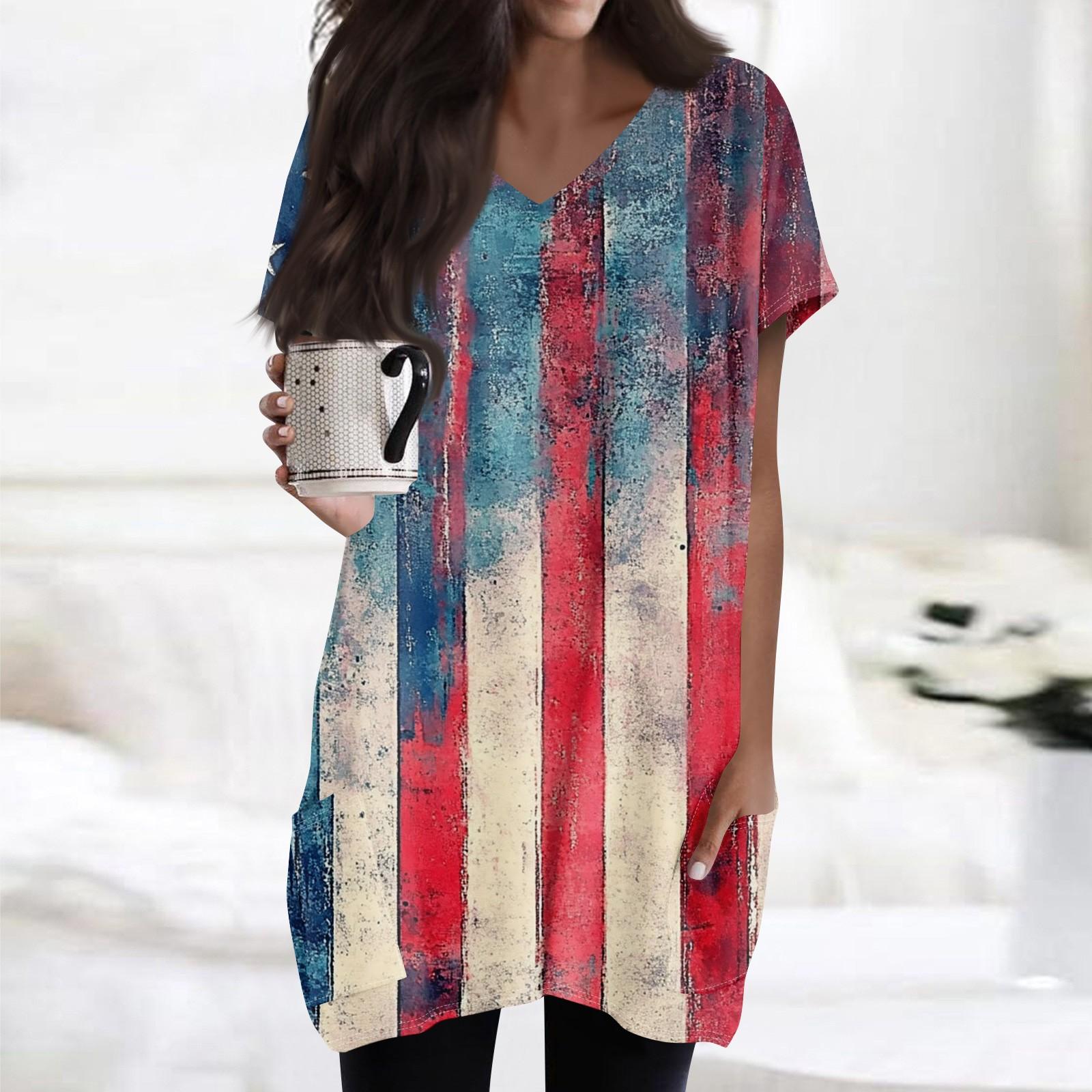 

Женские топы с V-образным вырезом, блузки с коротким рукавом, повседневные рубашки средней длины, модные туники с принтом «День независимости» и карманами XL винный