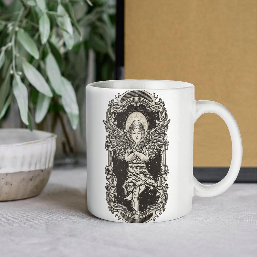 11oz White Ceramic Cup with Printed Surfaces, Glossy Body and Comfortable Hold for Coffee, Tea and Hot Drink Routines