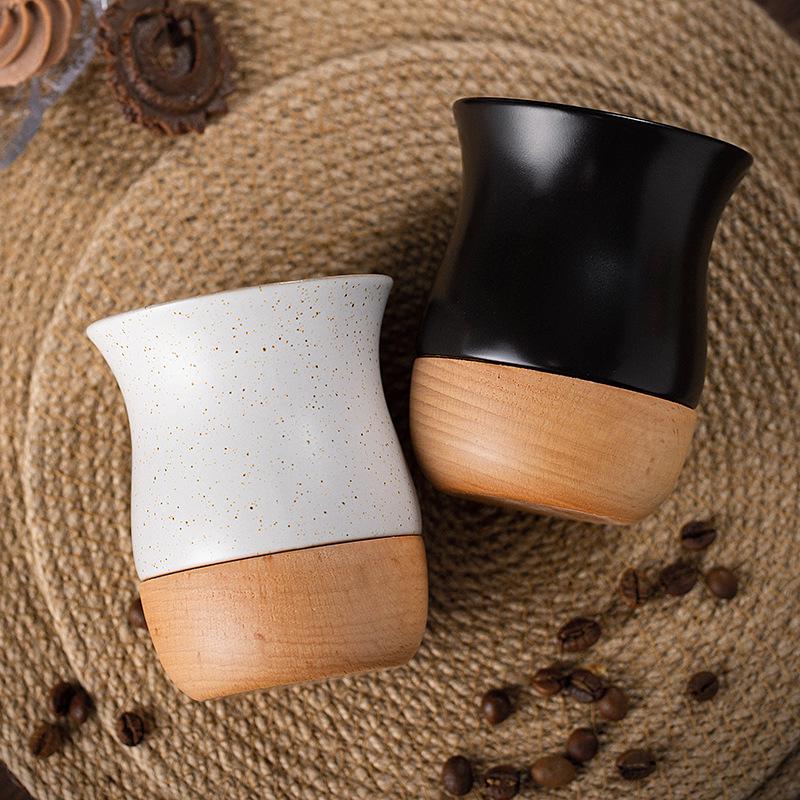 Vintage Coarse Pottery Ceramic Espresso Cup with Wooden Base, Personal Water & Tea Mug for Office