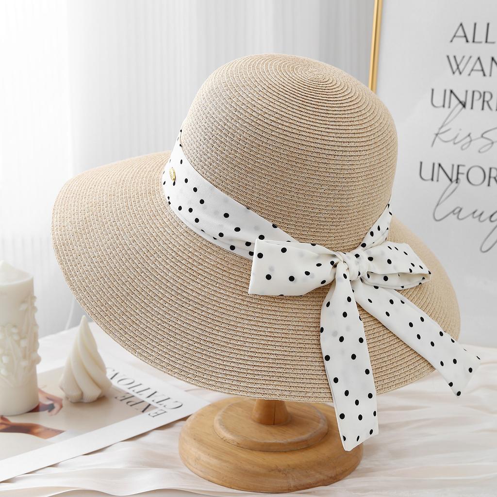 Fashionable Summer Bow Ribbon Hat with Metal Women's Sunhat Wide Brimmed Sunshade