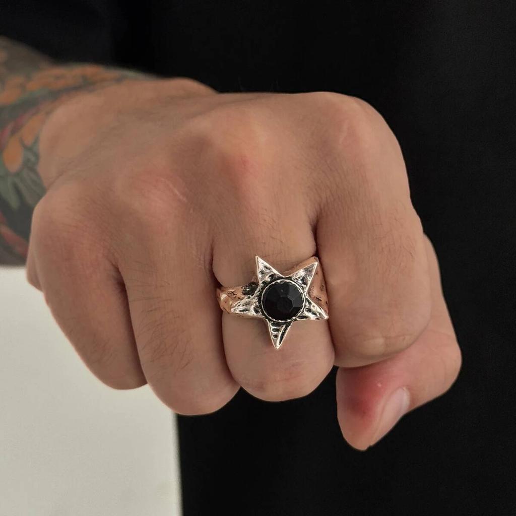 Salircon  5 Styles Exquisite Multicolor Acrylic Rhinestone Pentagram Ring Men Punk Adjustable Finger Rings Couple Jewelry