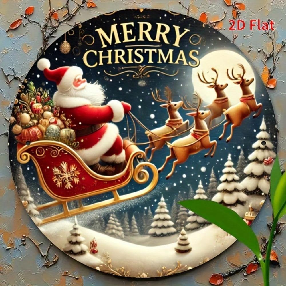 Art Mural Métallique Rond Père Noël Vintage 7,8 Pouces Décor de Maison Jardin Fêtes
