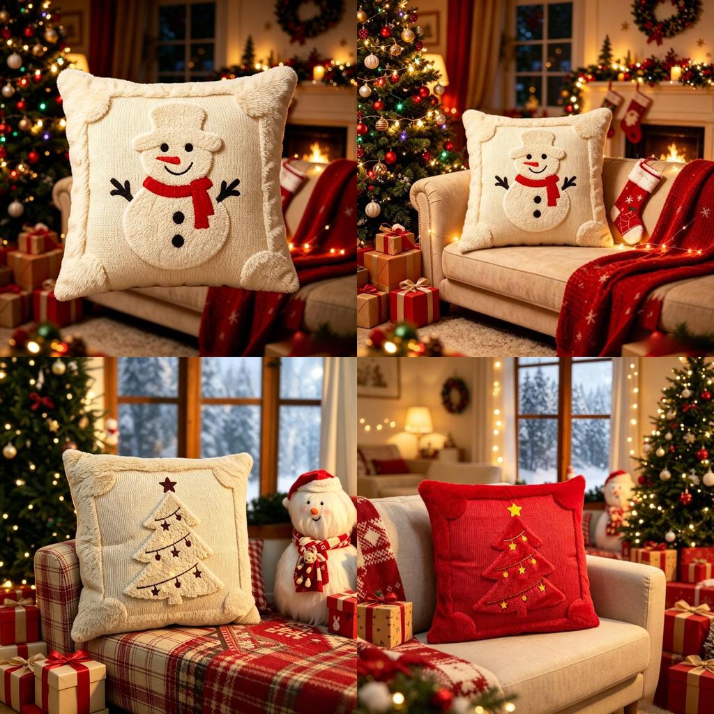 Christmas Themed Plush Cushion Cover With Sewn Seaming For Living Room Decor