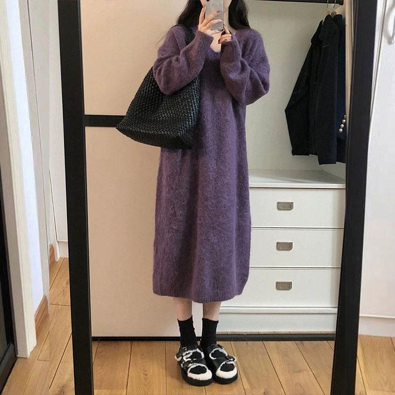 

Платье-свитер из мягкой клеевой шерсти, свободное прямое платье-свитер, минималистичное длинное осенне-зимнее одинаковое пальто, трикотажное платье с v-образным вырезом для женщин One Size фиолетовый
