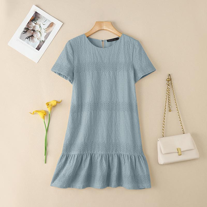 ZANZEA Women Patchwork Casual Round Neck Summer Short Sleeve Dress