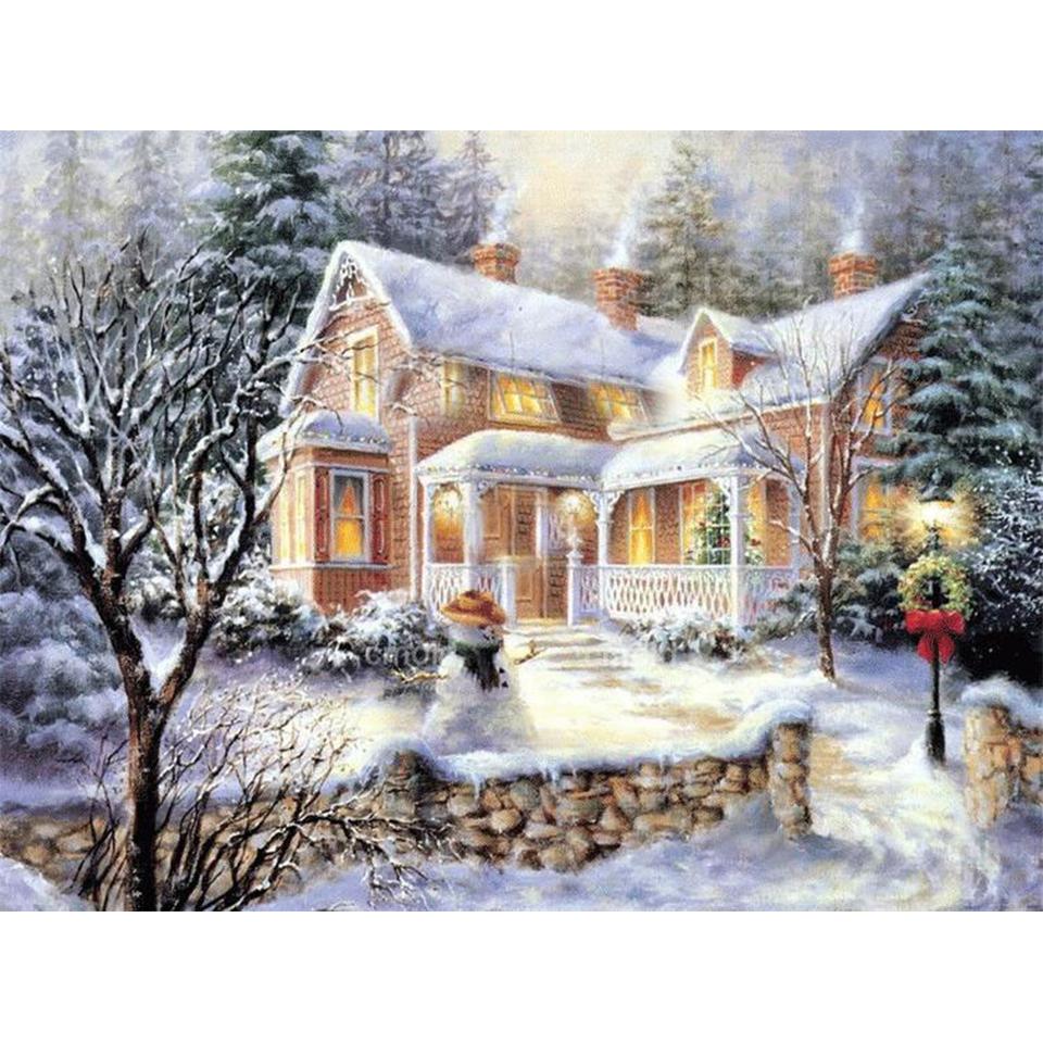 5D DIY Diamond Painting Landscape Winter House Full Round Rhinestone Embroidery Cross Stitch Kit Mosaic Picture Decoration Gift