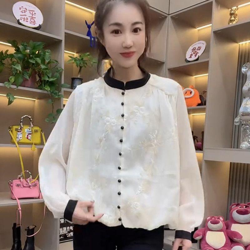 

Весенняя кружевная рубашка с вышивкой, женская модная универсальная шифоновая рубашка с рукавами-фонариками и контрастным воротником-стойкой 3XL бежевый