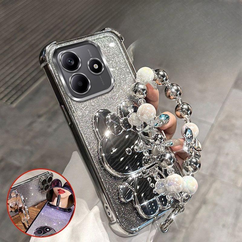 Rabbit Mirror Bracket Phone Case for Redmi Note 14 S Pro 13 Pro Plus 14C A5 with Bracelet Four Corner Airbag Cushioning Shell