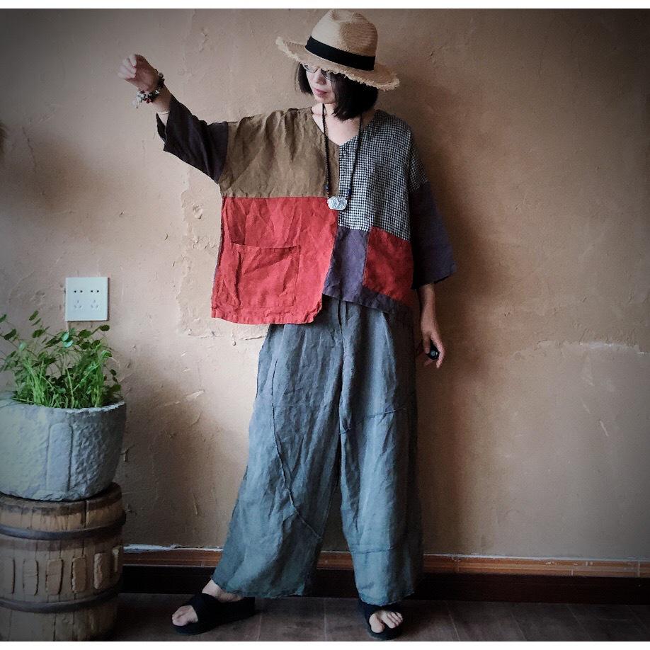 Ancient Mud Patchwork Loose Linen Top - Women's Plus Size Artistic Black & White Plaid Shirt