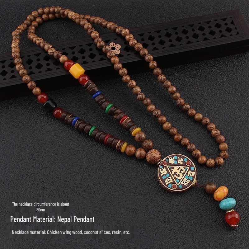 Unisex Retro Ethnic Wooden Necklace Pendant - Versatile Long Sweater Chain and Clothing Accessory