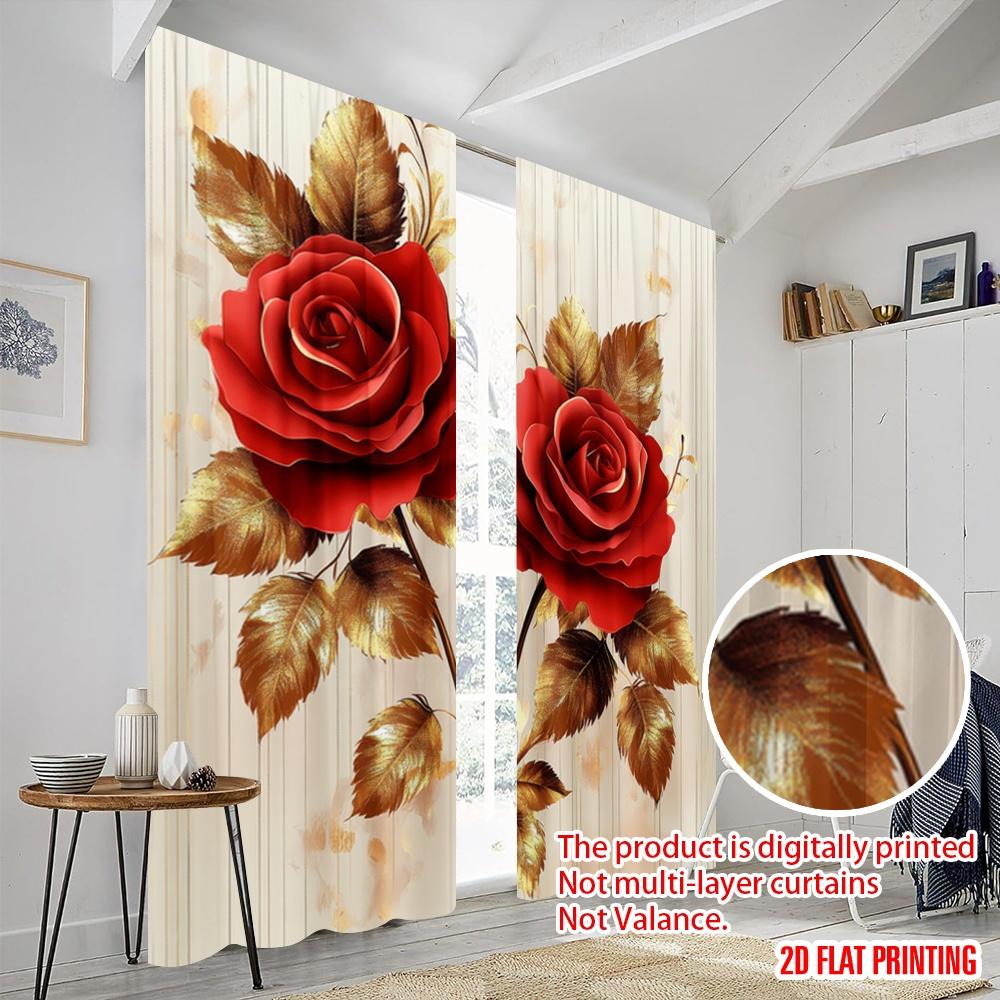 2pcs,2D Plane Printing Print Curtains Golden Roses Durable Polyester (without Rod) Versatile All Ldeal for Living Room, Bedroom,