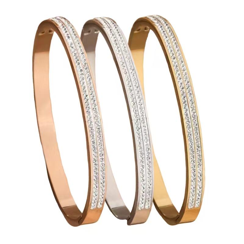 Unisex High-End Titanium Steel Bracelet with Double Row Diamonds - Versatile, Electroplated, and Non-Fading