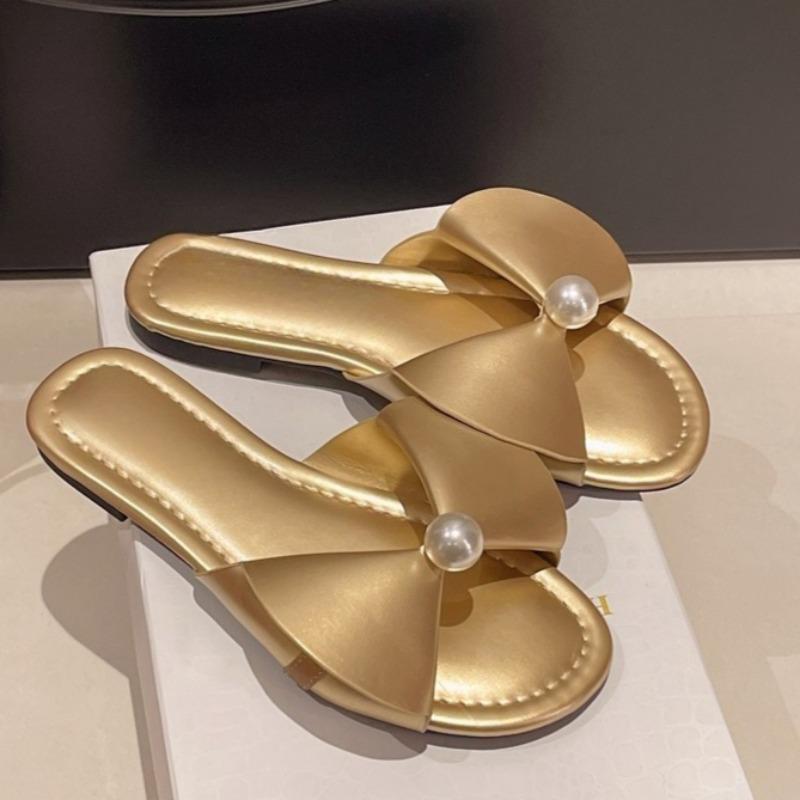 Fashion Fashion Plus-size Slippers Worn Outside New Women's Summer New Round Toe Open Toe Pearl Bow Non-slip Flat Cool Mop
