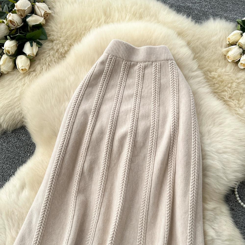 Autumn Winter Women Casual Twist Knitted Elastic High Waist Long Midi Skirt