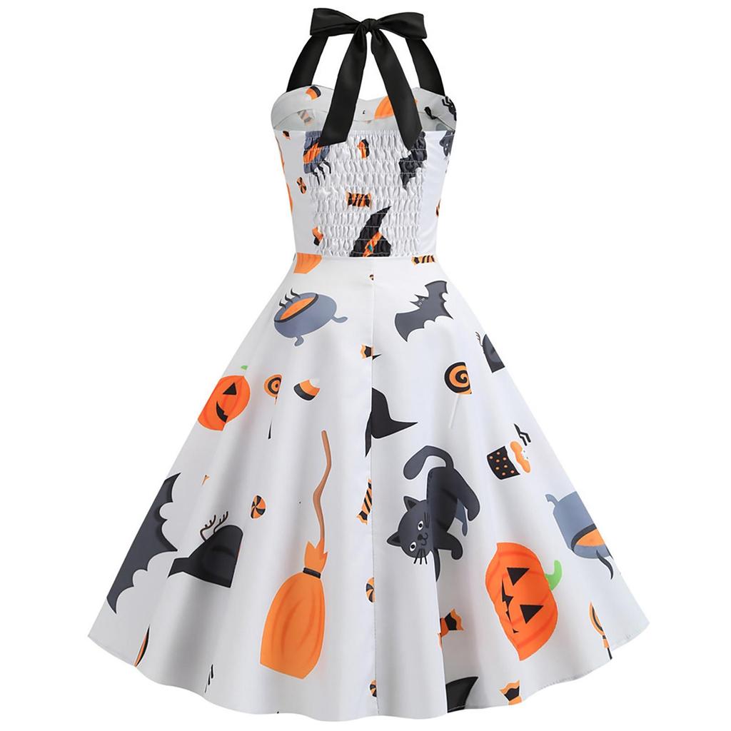 Women Casual Fashion Sleeveless V-neck Button Printed Halloween Dress